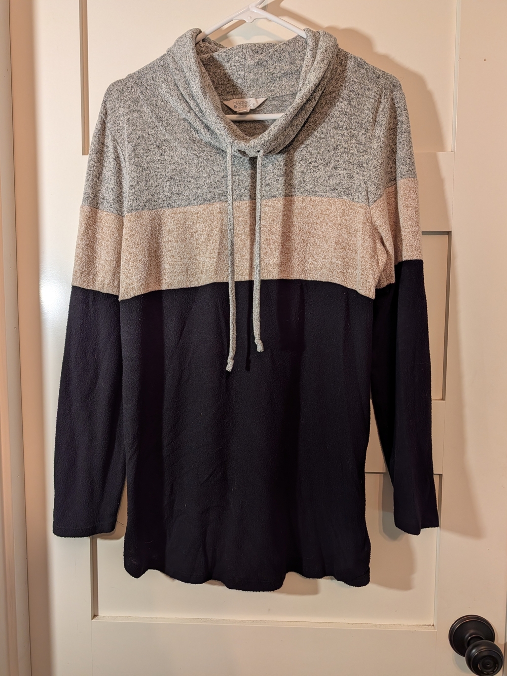 Cozy Colorblock Cowl Neck Sweater - Gray, Cream & Black